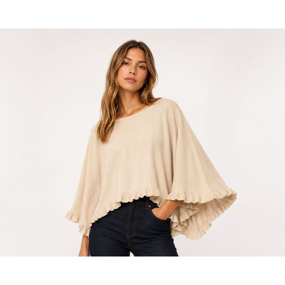 Haley And The Hound NEW Silk Cashmere Ruffle Sweater Poncho Wrap OS Cream Tan